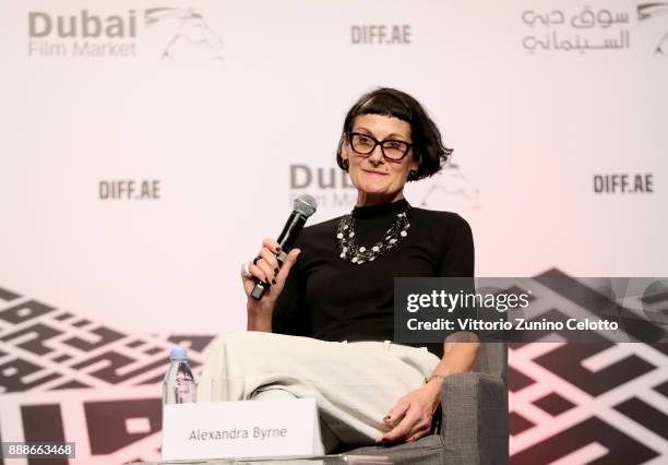 Costume designer Alexandra Byrne speaks during a Masterclass on day four of the 14th annual Dubai International Film Festival held at the Madinat...