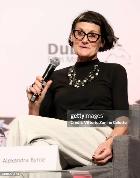 Costume designer Alexandra Byrne speaks during a Masterclass on day four of the 14th annual Dubai International Film Festival held at the Madinat...