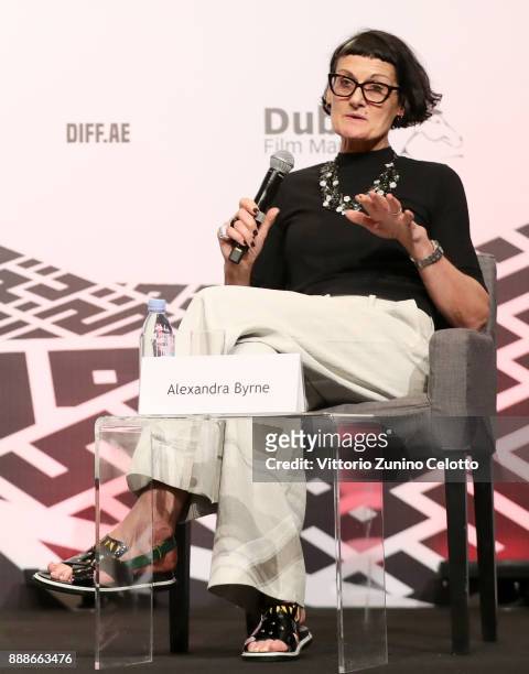Costume designer Alexandra Byrne speaks during a Masterclass on day four of the 14th annual Dubai International Film Festival held at the Madinat...