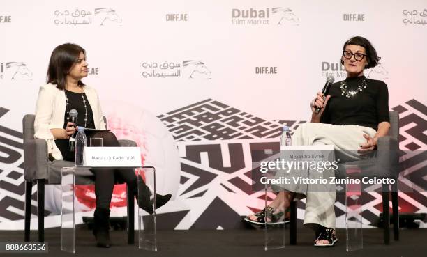 Mariayah Kaderbhai interviews costume designer Alexandra Byrne during a Masterclass on day four of the 14th annual Dubai International Film Festival...