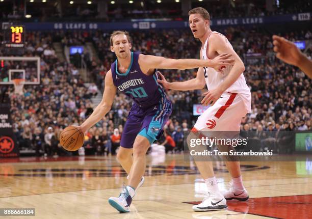 Cody Zeller of the Charlotte Hornets dribbles during their NBA game as he is guarded by Jakob Poeltl of the Toronto Raptors at Air Canada Centre on...