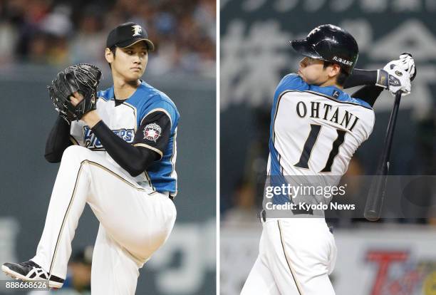 Combined photo shows Shohei Ohtani of the Nippon Ham Fighters pitching and hitting against the Orix Buffaloes at Sapporo Dome on Oct. 4 the first...