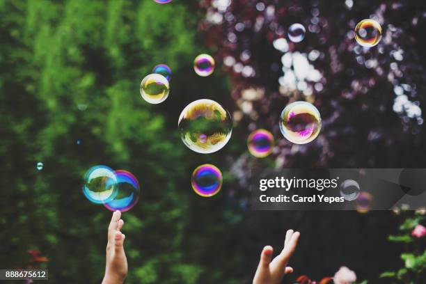 hands trying to catch  soap bubbles - froth foto e immagini stock