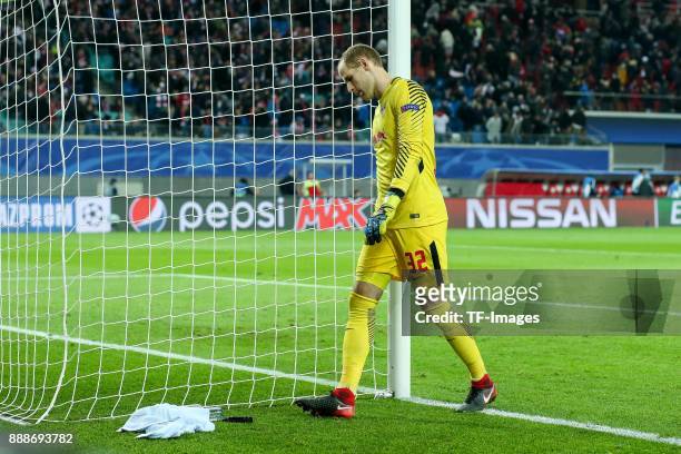 Goalkeeper Peter Gulacsi of Leipzig looks on during the UEFA Champions League group G soccer match between RB Leipzig and Besiktas at the Leipzig...
