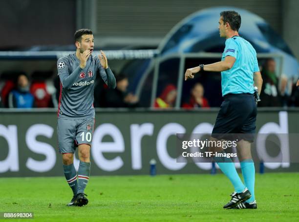 Oguzhan Oezyakup of Besiktas gestures during the UEFA Champions League group G soccer match between RB Leipzig and Besiktas at the Leipzig Arena in...