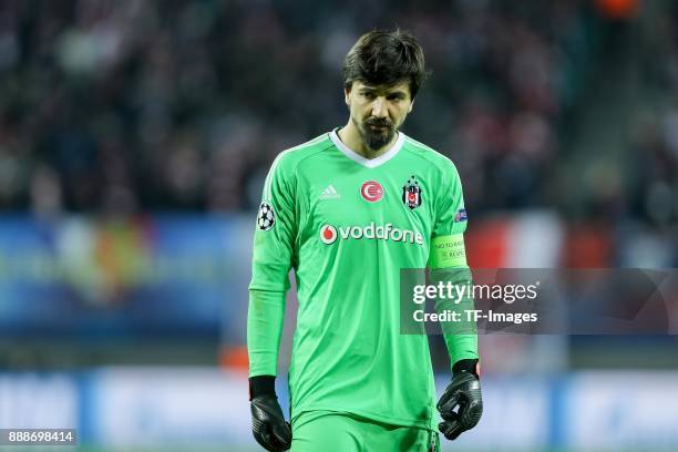 Goalkeeper Tolga Zengin of Besiktas looks on during the UEFA Champions League group G soccer match between RB Leipzig and Besiktas at the Leipzig...