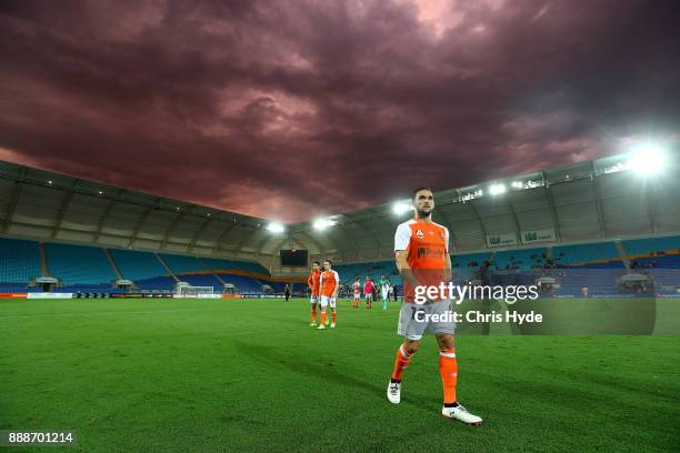 Jack Hingert of the Roar leaves the field after a draw during the round 10 A-League match between the Brisbane Roar and the Wellington Phoenix at...