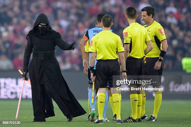 Star Wars character Kylo Ren attends the coin toss during the round 10 A-League match between the Western Sydney Wanderers and Sydney FC at ANZ...