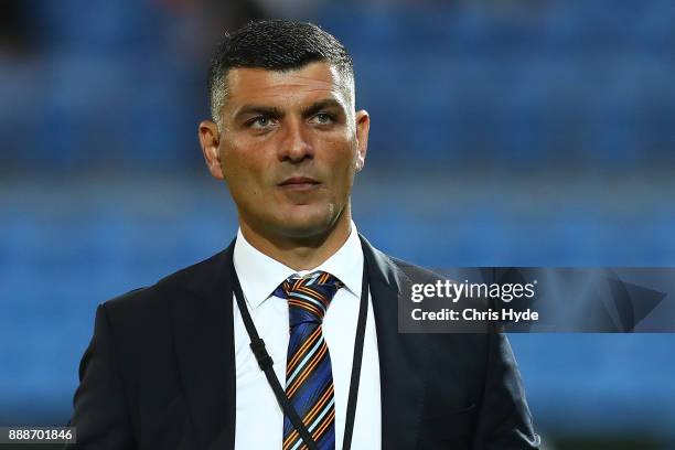 Roar coach John Aloisi looks on during the round 10 A-League match between the Brisbane Roar and the Wellington Phoenix at Cbus Super Stadium on...