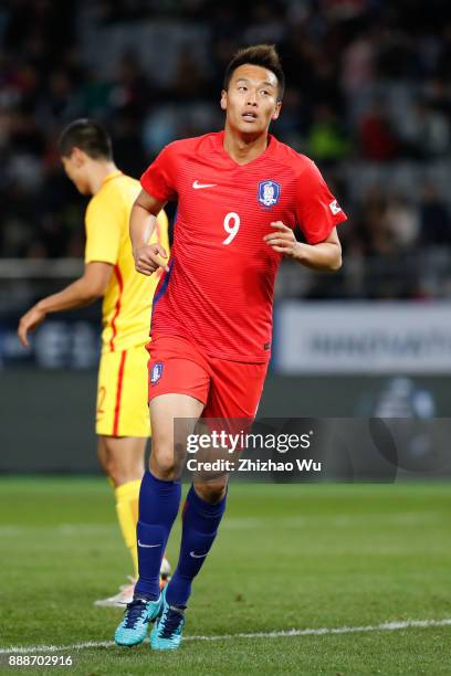 Kim Shinwook of Korea celecrates his scoring during the EAFF E-1 Men's Football Championship between South Korea and China at Ajinomoto Stadium on...