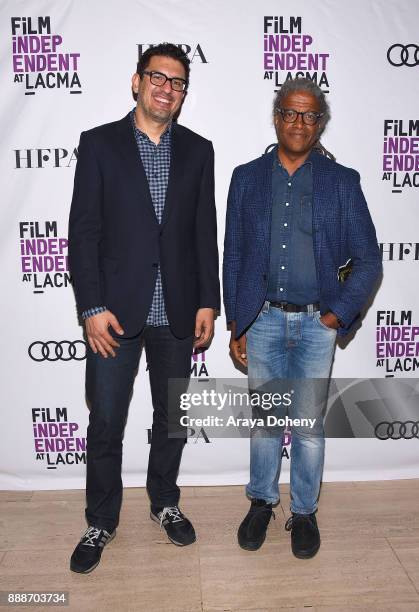 Sam Esmail and Elvis Mitchell attend Film Independent at LACMA presents an evening with Sam Esmail at Bing Theater At LACMA on December 8, 2017 in...