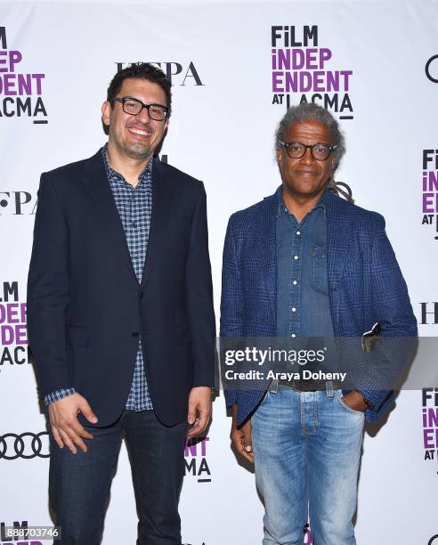 Sam Esmail and Elvis Mitchell attend Film Independent at LACMA presents an evening with Sam Esmail at Bing Theater At LACMA on December 8, 2017 in...