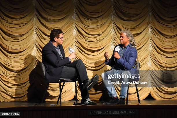 Sam Esmail and Elvis Mitchell attend Film Independent at LACMA presents an evening with Sam Esmail at Bing Theater At LACMA on December 8, 2017 in...