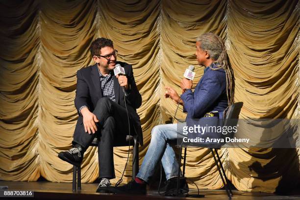 Sam Esmail and Elvis Mitchell attend Film Independent at LACMA presents an evening with Sam Esmail at Bing Theater At LACMA on December 8, 2017 in...