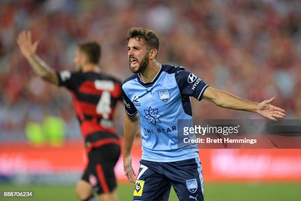 Michael Zullo of Sydney reacts to the referee during the round 10 A-League match between the Western Sydney Wanderers and Sydney FC at ANZ Stadium on...