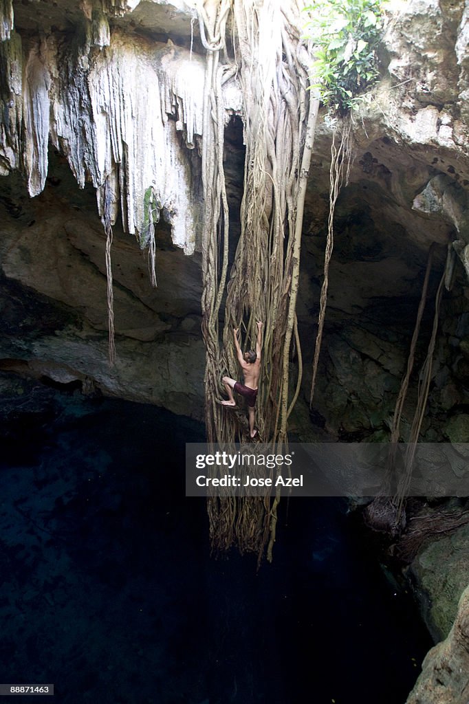Young man climbing long, hanging vines above the cenotes of Mexico's Yucatan Peninsula.