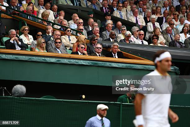 View of former players Pete Sampras, Manuel Santana, Rod Laver, and Bjorn Borg watching Men's Finals match between Switzerland Roger Federer and USA...