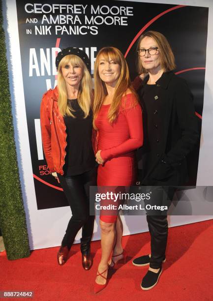 Actresses Britt Ekland, Jane Seymour and Maud Adams arrive for the Premiere Of "And The Winner Isn't" at Laemmle Music Hall on December 8, 2017 in...