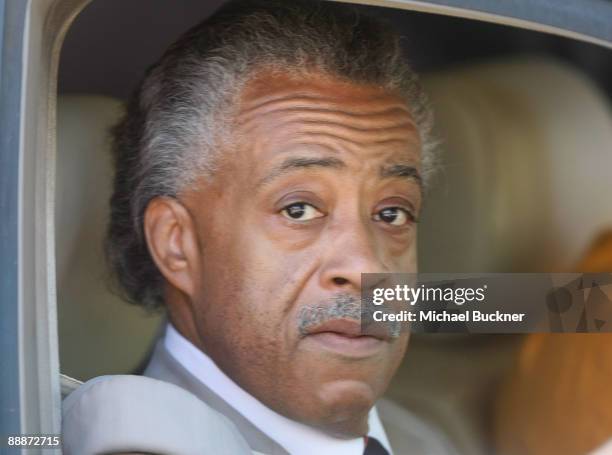 The Rev. Al Sharpton departs the Jackson family compound on July 6, 2009 in Encino, California. A star-studded musical tribute is scheduled to take...