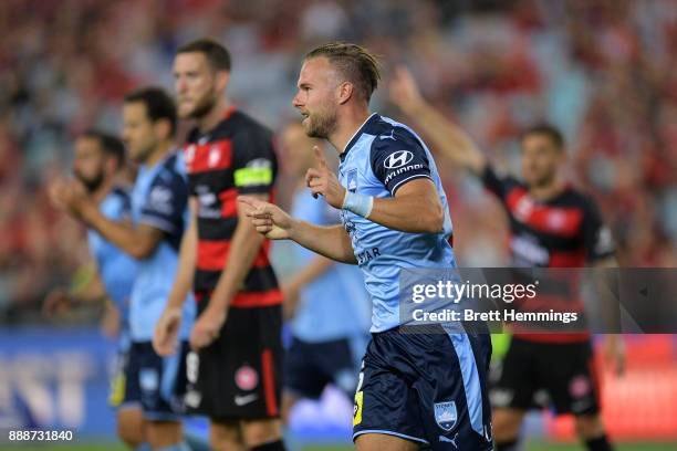 Jordy Buijs of Sydney reacts to a Sydney goal during the round 10 A-League match between the Western Sydney Wanderers and Sydney FC at ANZ Stadium on...