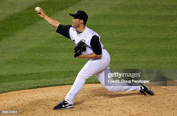 Closing pitcher Huston Street of the Colorado Rockies delivers against the Washington Nationals during MLB action at Coors Field on July 6, 2009 in...