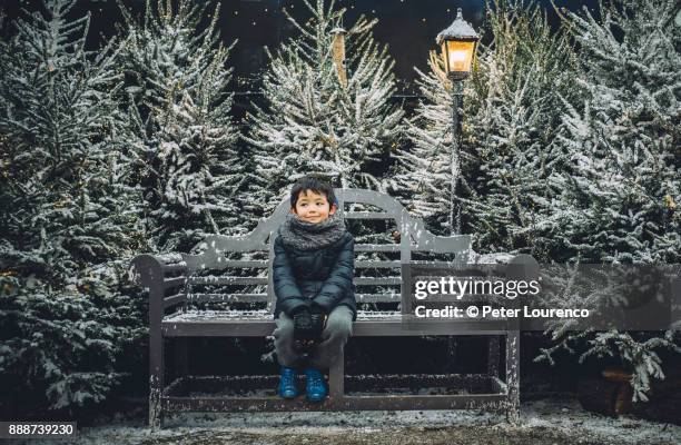 young boy sitting on a bench in a festive christmas setting. - peter lourenco fotografías e imágenes de stock