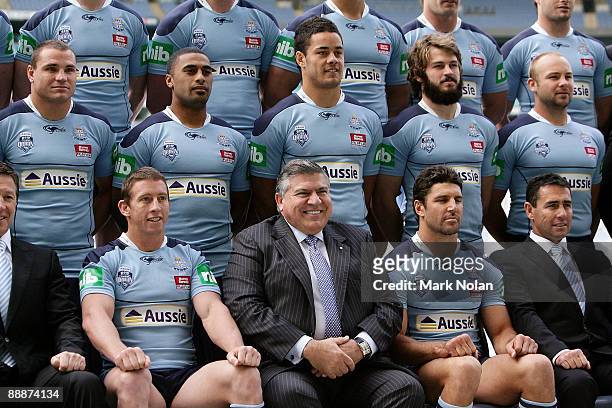 John Symond joins a team photo during a New South Wales State of Origin media session at ANZ Stadium Stadium on July 7, 2009 in Sydney, Australia.