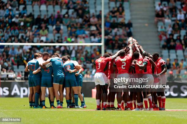 France's and Kenya's players gather prior to the World Rugby Sevens Series match Kenya versus France on December 9, 2017 at the Cape Town Stadium in...