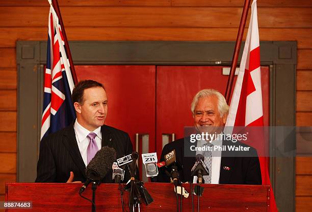 New Zealand Prime Minister John Key and Tongan Prime Minister Dr Feleti Sevele hold a joint press conference outside the Parliament Cabinet Room,...