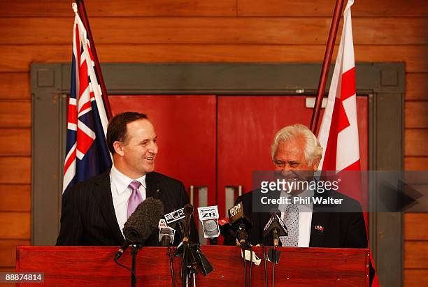 New Zealand Prime Minister John Key and Tongan Prime Minister Dr Feleti Sevele hold a joint press conference outside the Parliament Cabinet Room,...
