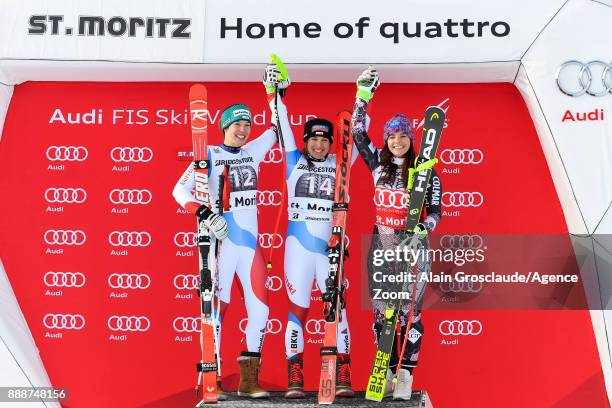 Michelle Gisin of Switzerland takes 2nd place, Jasmine Flury of Switzerland takes 1st place, Tina Weirather of Liechtenstein takes 3rd place during...