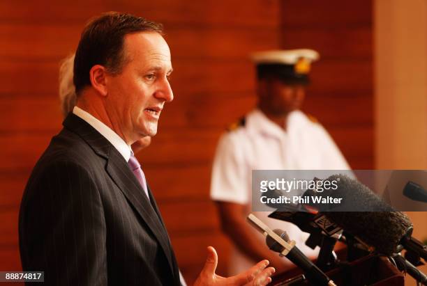 New Zealand Prime Minister John Key holds a press conference outside the Parliament Cabinet Room after meeting with Tongan Prime Minister Dr Feleti...