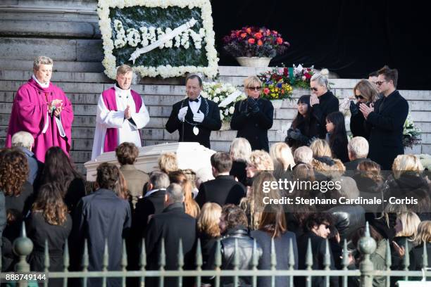 Brigitte Macron, Jade Hallyday, Laetitia Hallyday, Joy Hallyday, Laura Smet and David Hallyday during Johnny Hallyday's Funeral Procession at Eglise...