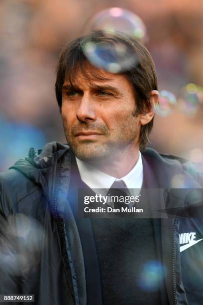 Antonio Conte, Manager of Chelsea looks on prior to the Premier League match between West Ham United and Chelsea at London Stadium on December 9,...