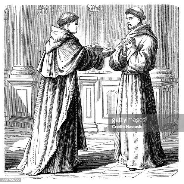 a dominican and franciscan friar meet, and two views of the purpose of the incarnation are likely to have clashed here. - ehre stock illustrations