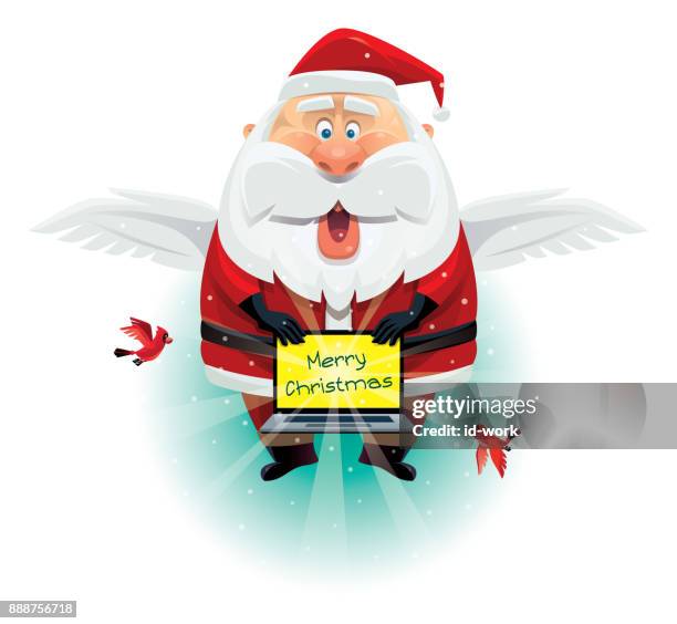 winged santa claus with laptop - cardinal flying stock illustrations