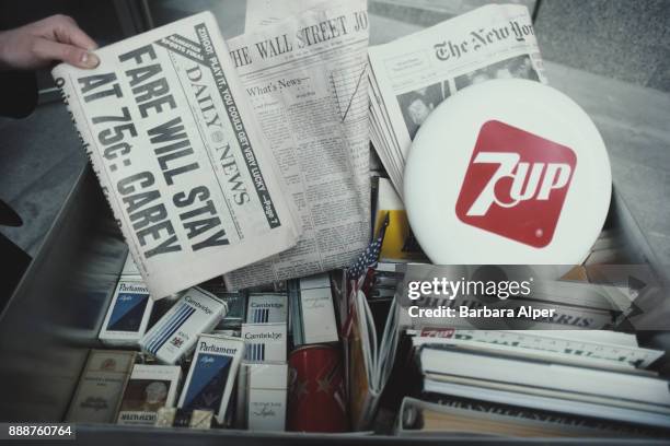 Box full of cigarettes, newspapers and magazines, New York City, US, October 1982.