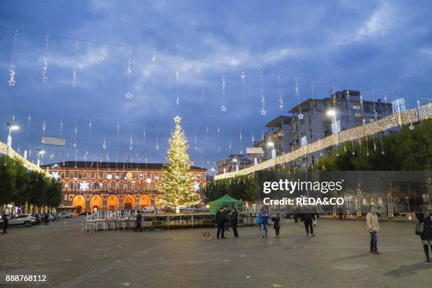 Christmas illuminations. Town Hall. People. Civitanova Marche. Marche. Italy. Europe.