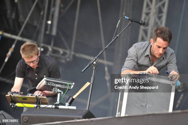 Matt Cocksedge and James Cook of Delphic perform on stage on the first day of Wireless Festival 2009 in Hyde Park on July 4, 2009 in London, England.