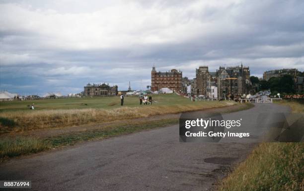 View of the seventeenth hole at the Old Course at St Andrews, Scotland, during the British Open, July 1964.