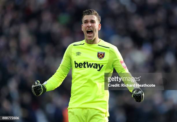 Adrian of West Ham United celebrates his sides first goal during the Premier League match between West Ham United and Chelsea at London Stadium on...