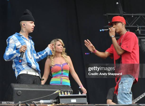 Dino 'Dappy' Contostavlos, Tula 'Tulisa' Contostavlos and Richard 'Fazer' Rawson of N-Dubz perform on stage on the second day of Wireless Festival...