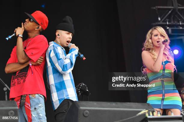 Richard 'Fazer' Rawson, Dino 'Dappy' Contostavlos and Tula 'Tulisa' Contostavlos of N-Dubz perform on stage on the second day of Wireless Festival...