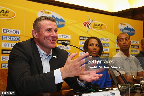 Sergey Bubka, IAAF Senior Vice President talks alongside Kelly Holmes and Stephane Diagana during the IAAF World Youth Championships Press Conference...