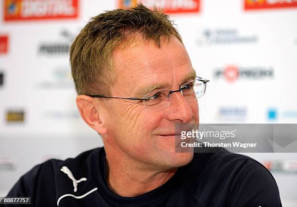 Headcoach Ralf Rangnick looks on during the 1899 Hoffenheim press conference at the Hoffenheim training ground on July 7, 2009 in Hoffenheim, Germany.