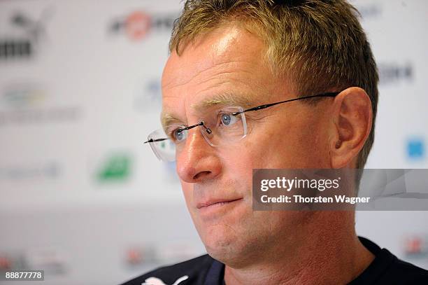 Headcoach Ralf Rangnick looks on during the 1899 Hoffenheim press conference at the Hoffenheim training ground on July 7, 2009 in Hoffenheim, Germany.