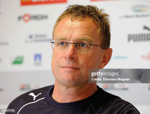 Headcoach Ralf Rangnick looks on during the 1899 Hoffenheim press conference at the Hoffenheim training ground on July 7, 2009 in Hoffenheim, Germany.