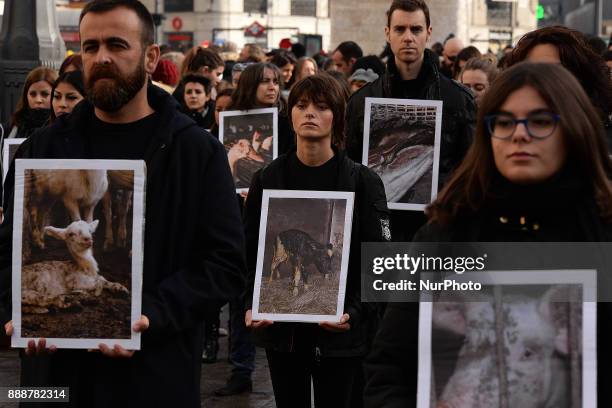 Animal rights activists from hold up pictures of animals they say are mistreated during a demonstration in Madrid on 9 th December, 2017.