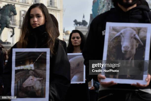 Animal rights activists from hold up pictures of animals they say are mistreated during a demonstration in Madrid on 9 th December, 2017.