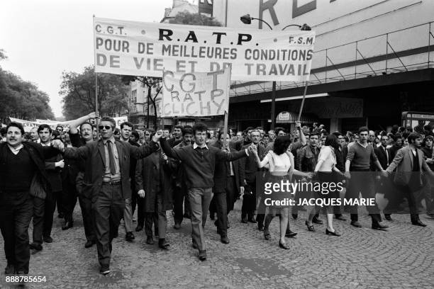 Public transport RATP group workers take part in the big demonstration, called by the CGT trade union, in Paris, on May 24, 1968 during the May 1968...
